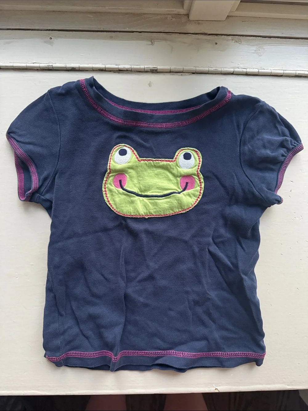 Carter's Navy Tee with Lime Frog Applique and Pink Trim